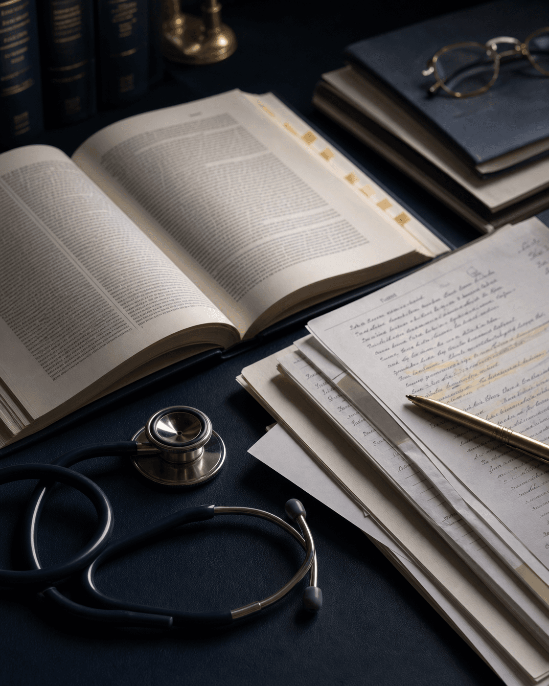 Medical law research desk with books, notes and a stethoscope